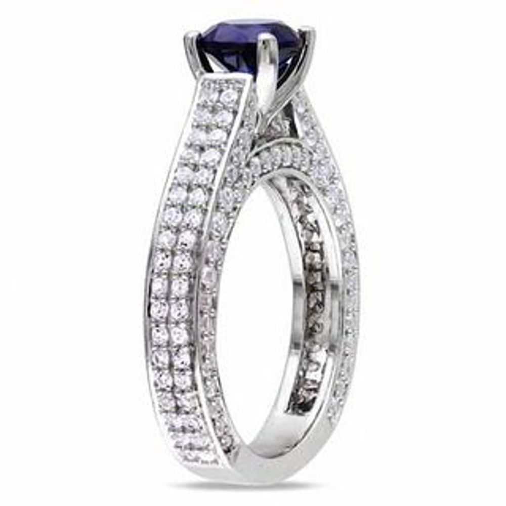 6.5mm Lab-Created Blue and White Sapphire Pavé Ring in Sterling Silver|Peoples Jewellers