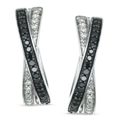 0.25 CT. T.W. Enhanced Black and White Diamond Crossover Hoop Earrings in Sterling Silver|Peoples Jewellers