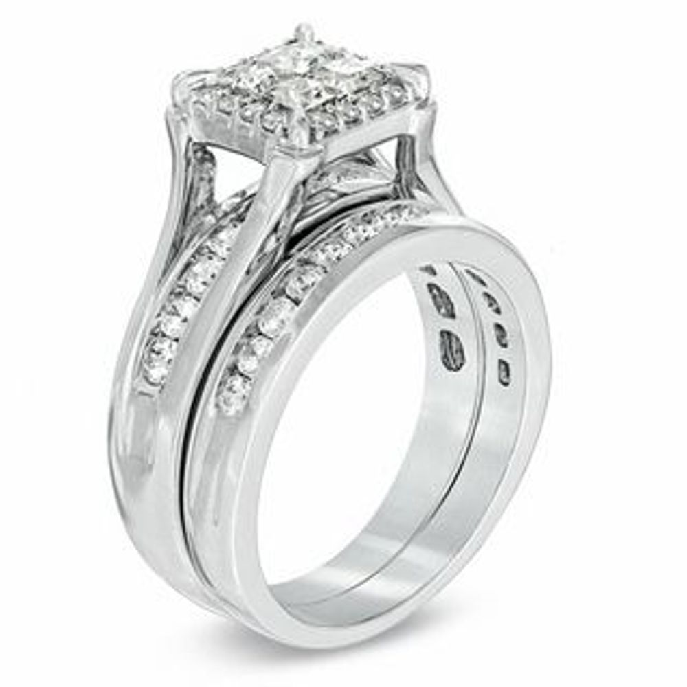 CT. T.W. Princess-Cut Quad Diamond Frame Bridal Set in 14K White Gold|Peoples Jewellers