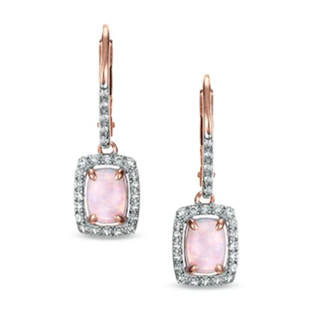 Cushion-Cut Lab-Created Opal and White Sapphire Earrings in Sterling Silver with 14K Rose Gold Plate|Peoples Jewellers