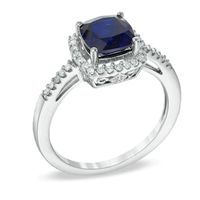 7.0mm Cushion-Cut Lab-Created Blue Sapphire and 0.15 CT. T.W. Diamond Frame Ring in 10K White Gold|Peoples Jewellers
