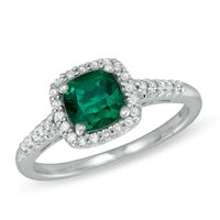 6.0mm Cushion-Cut Lab-Created Emerald and 0.14 CT. T.W. Diamond Frame Ring in 10K White Gold|Peoples Jewellers
