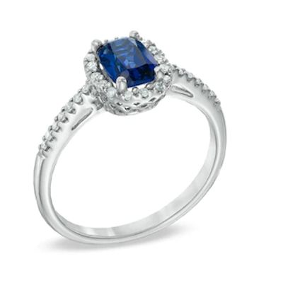 6.0mm Cushion-Cut Lab-Created Blue Sapphire and 0.14 CT. T.W. Diamond Frame Ring in 10K White Gold|Peoples Jewellers