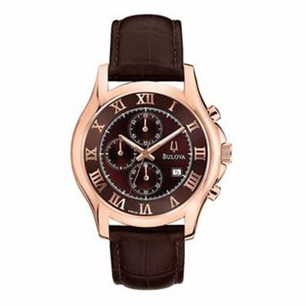 Men's Bulova Dress Chronograph Rose-Tone Strap Watch with Brown Dial (Model: 97B120)|Peoples Jewellers