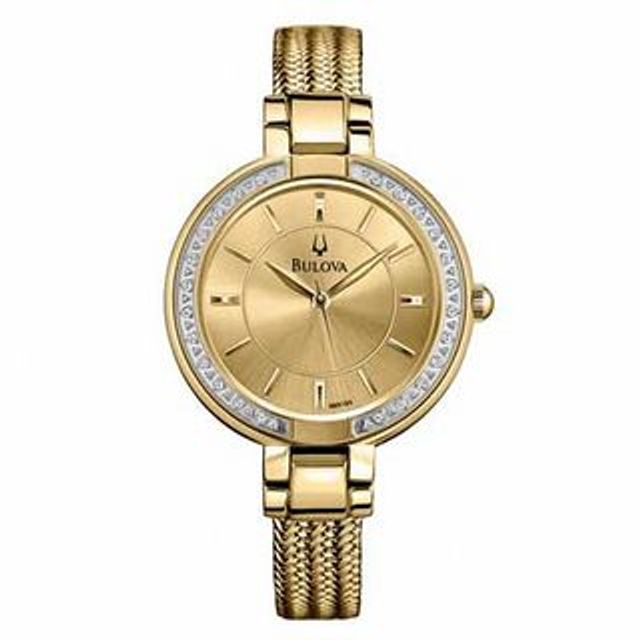 Ladies' Bulova Diamond Accent Gold-Tone Watch with Champagne Dial (Model: 98R195)|Peoples Jewellers