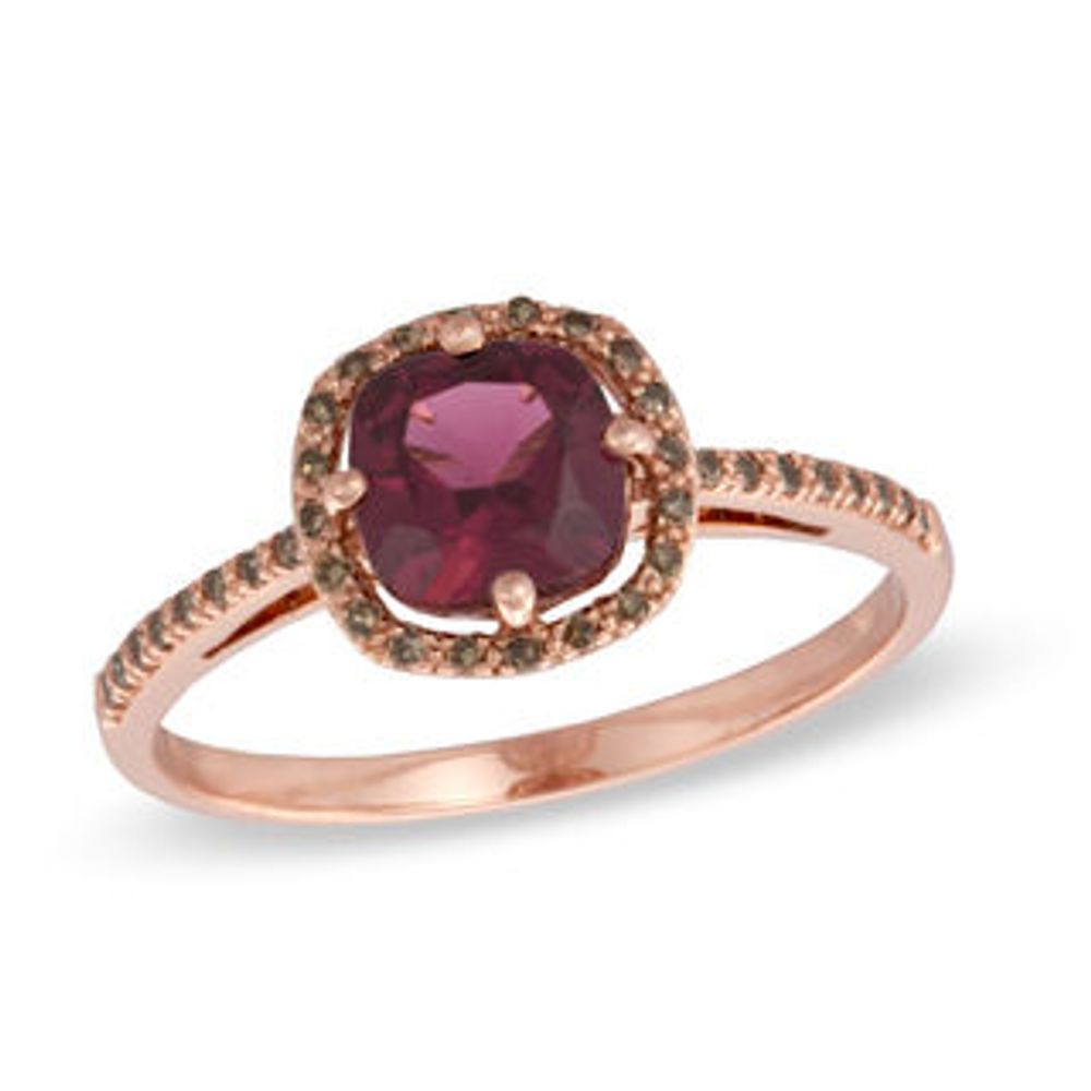 6.0mm Cushion-Cut Rhodolite Garnet and 0.11 CT. T.W. Champagne Diamond Ring in 10K Rose Gold|Peoples Jewellers