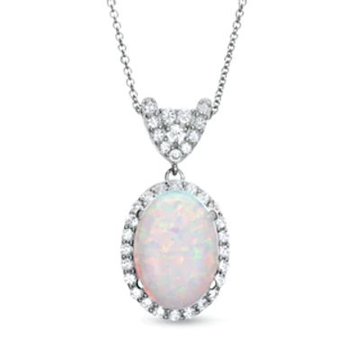Oval Lab-Created Opal and White Sapphire Pendant in Sterling Silver|Peoples Jewellers