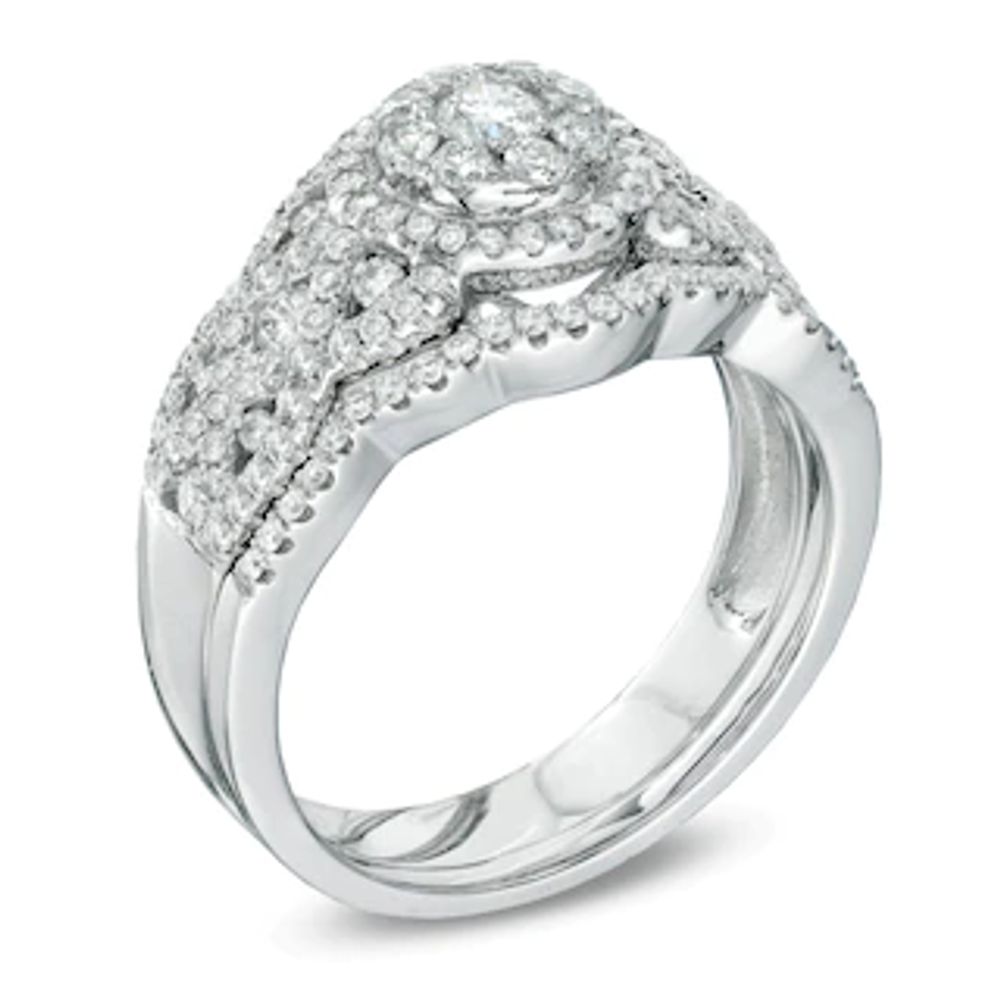 1.00 CT. T.W. Diamond Cluster Twisting Bridal Set in 14K White Gold|Peoples Jewellers