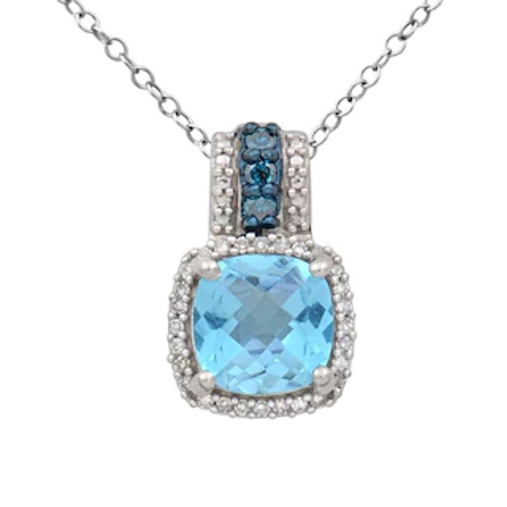 7.0mm Cushion-Cut Blue Topaz and 0.13 CT. T.W. Enhanced Blue and White Diamond Pendant in 10K White Gold|Peoples Jewellers