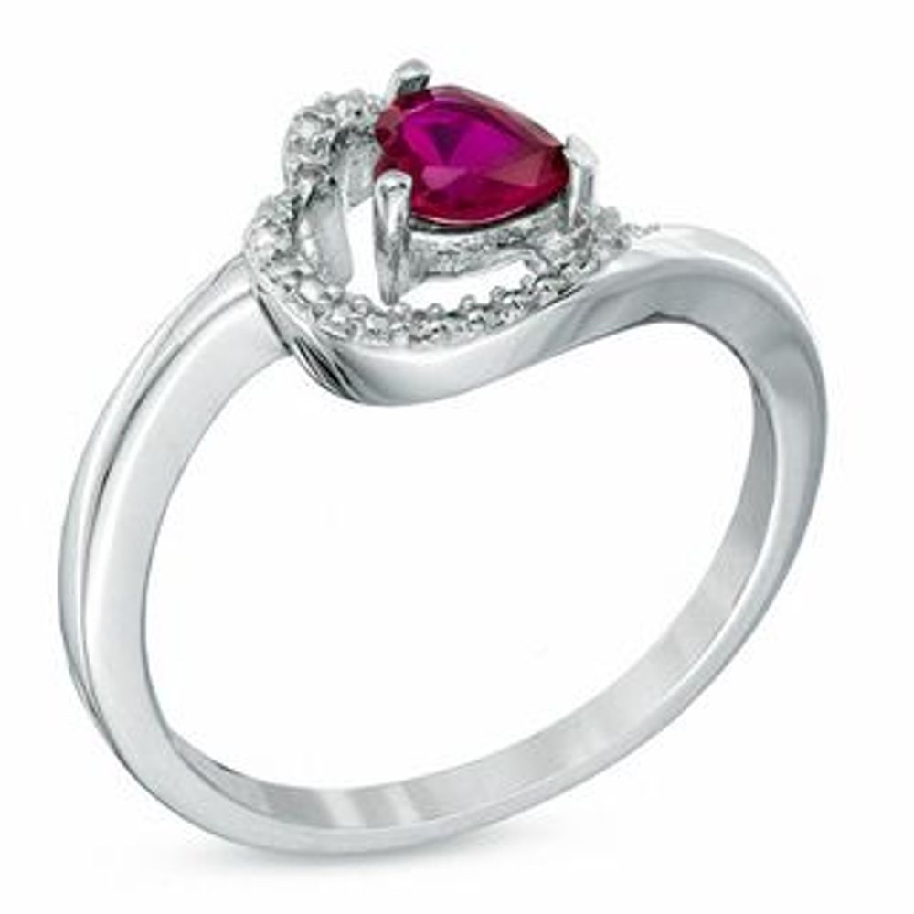 5.0mm Sideways Heart-Shaped Lab-Created Ruby and Diamond Accent Ring in Sterling Silver|Peoples Jewellers