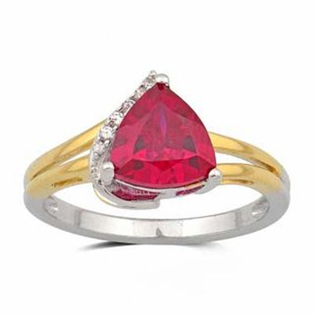 Trillion-Cut Lab-Created Ruby and White Sapphire Pendant and Ring Set in Sterling Silver and 14K Gold Plate - Size 7|Peoples Jewellers