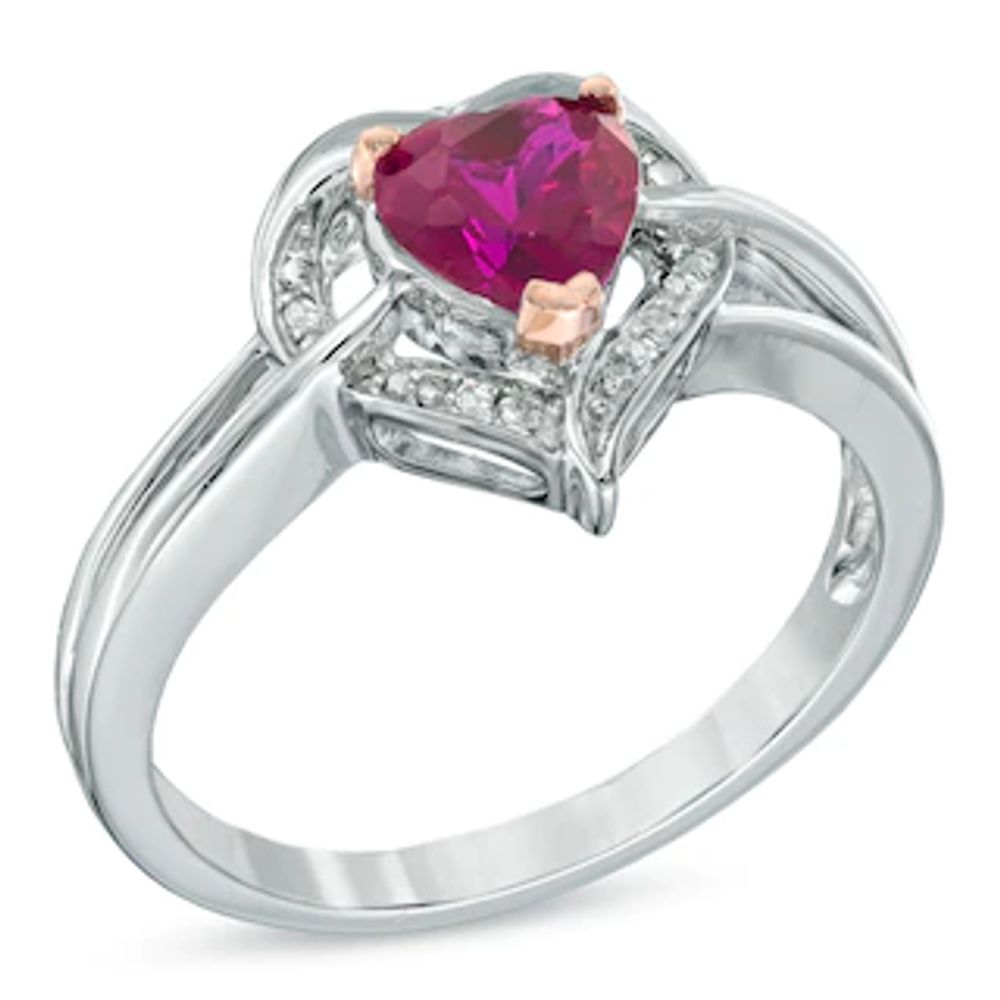 6.0mm Heart-Shaped Lab-Created Ruby and Diamond Accent Ring in Sterling Silver|Peoples Jewellers