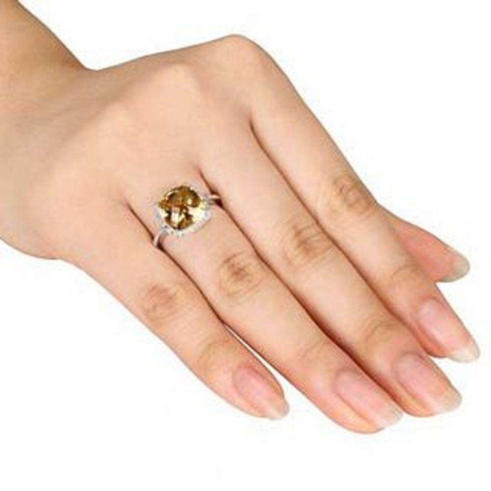 10.0mm Cushion-Cut Citrine and 0.10 CT. T.W. Diamond Frame Ring in Sterling Silver|Peoples Jewellers
