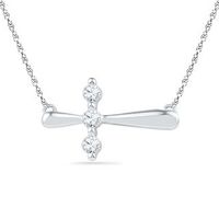 Lab-Created White Sapphire Three Stone Sideways Cross Necklace in Sterling Silver|Peoples Jewellers