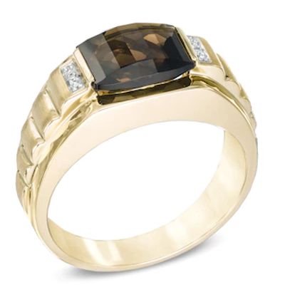 Men's Barrel-Cut Smoky Quartz and Diamond Accent Ring in 10K Gold|Peoples Jewellers