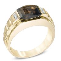 Men's Barrel-Cut Smoky Quartz and Diamond Accent Ring in 10K Gold|Peoples Jewellers