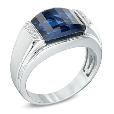 Men's Barrel-Cut Blue Lab-Created Sapphire and Diamond Accent Ring in Sterling Silver|Peoples Jewellers