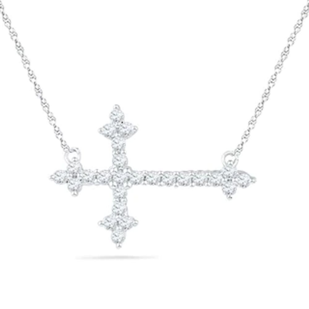 Lab-Created White Sapphire Sideways Cross Necklace in Sterling Silver|Peoples Jewellers