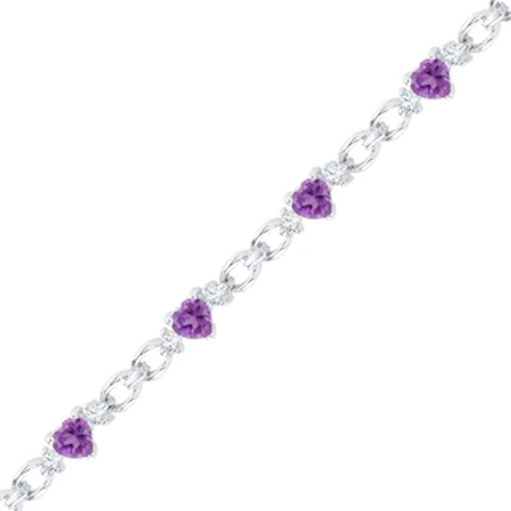 5.0mm Heart-Shaped Amethyst and Lab-Created White Sapphire Bracelet in Sterling Silver - 7.5"|Peoples Jewellers