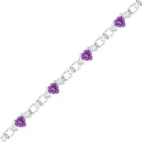 5.0mm Heart-Shaped Amethyst and Lab-Created White Sapphire Bracelet in Sterling Silver - 7.5"|Peoples Jewellers