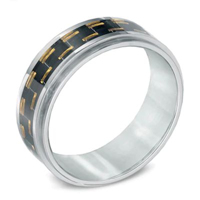 Men's 9.0mm Two-Tone Carbon Fibre Comfort Fit Wedding Band in Stainless Steel - Size 10|Peoples Jewellers