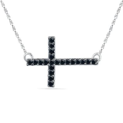 0.16 CT. T.W. Black Diamond Stick Sideways Cross Necklace in Sterling Silver|Peoples Jewellers