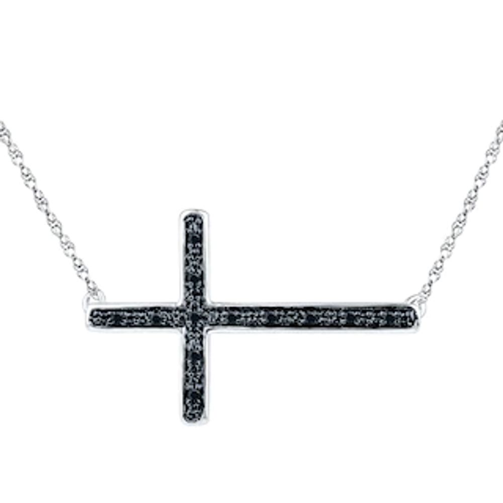 Black Diamond Accent Stick Sideways Cross Necklace in Sterling Silver|Peoples Jewellers