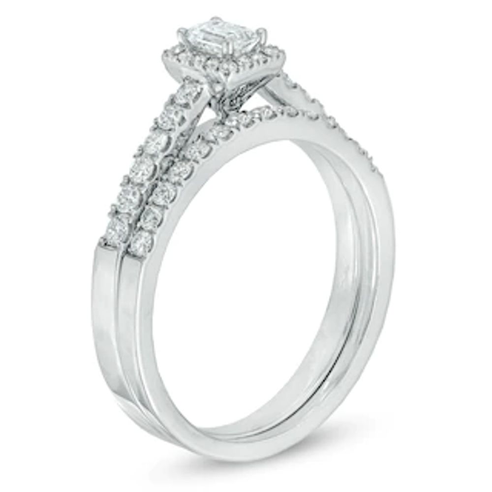 0.60 CT. T.W. Certified Emerald-Cut Diamond Frame Bridal Set in 14K White Gold (I/SI2)|Peoples Jewellers