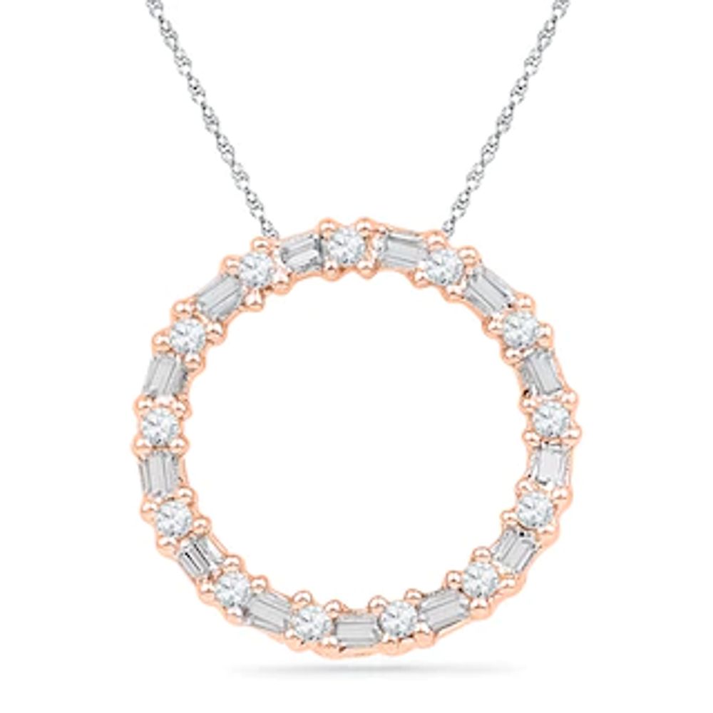 0.20 CT. T.W. Baguette and Round Diamond Circle Pendant in 10K Rose Gold|Peoples Jewellers