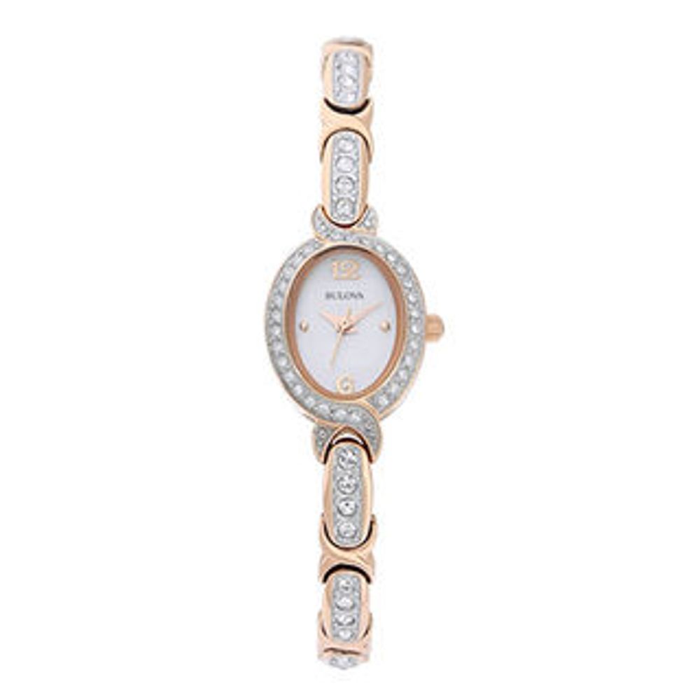 Ladies' Bulova Crystal Accent Rose-Tone Watch with Oval Mother-of-Pearl Dial (Model: 98L200)|Peoples Jewellers