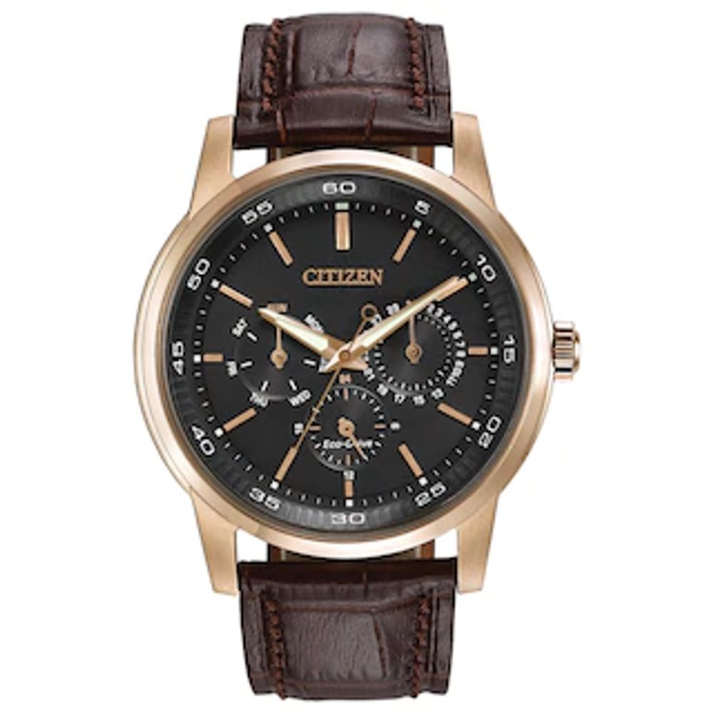 Men's Citizen Eco-Drive® Rose-Tone Strap Watch with Brown Dial (Model: BU2013-08E)|Peoples Jewellers