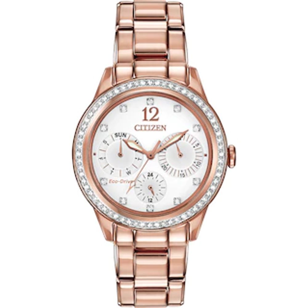 Ladies' Citizen Eco-Drive® Crystal Chronograph Rose-Tone Watch with White Dial (Model: FD2013-50A)|Peoples Jewellers