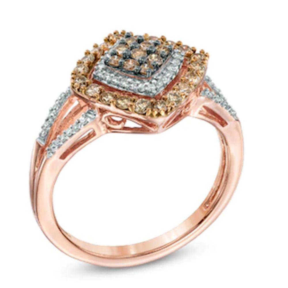 0.50 CT. T.W. Champagne and White Diamond Tilted Square Frame Ring in 10K Rose Gold|Peoples Jewellers