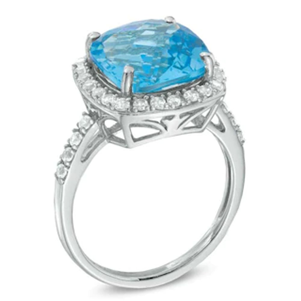 11.0mm Cushion-Cut Swiss Blue Topaz and Lab-Created White Sapphire Frame Ring in Sterling Silver|Peoples Jewellers