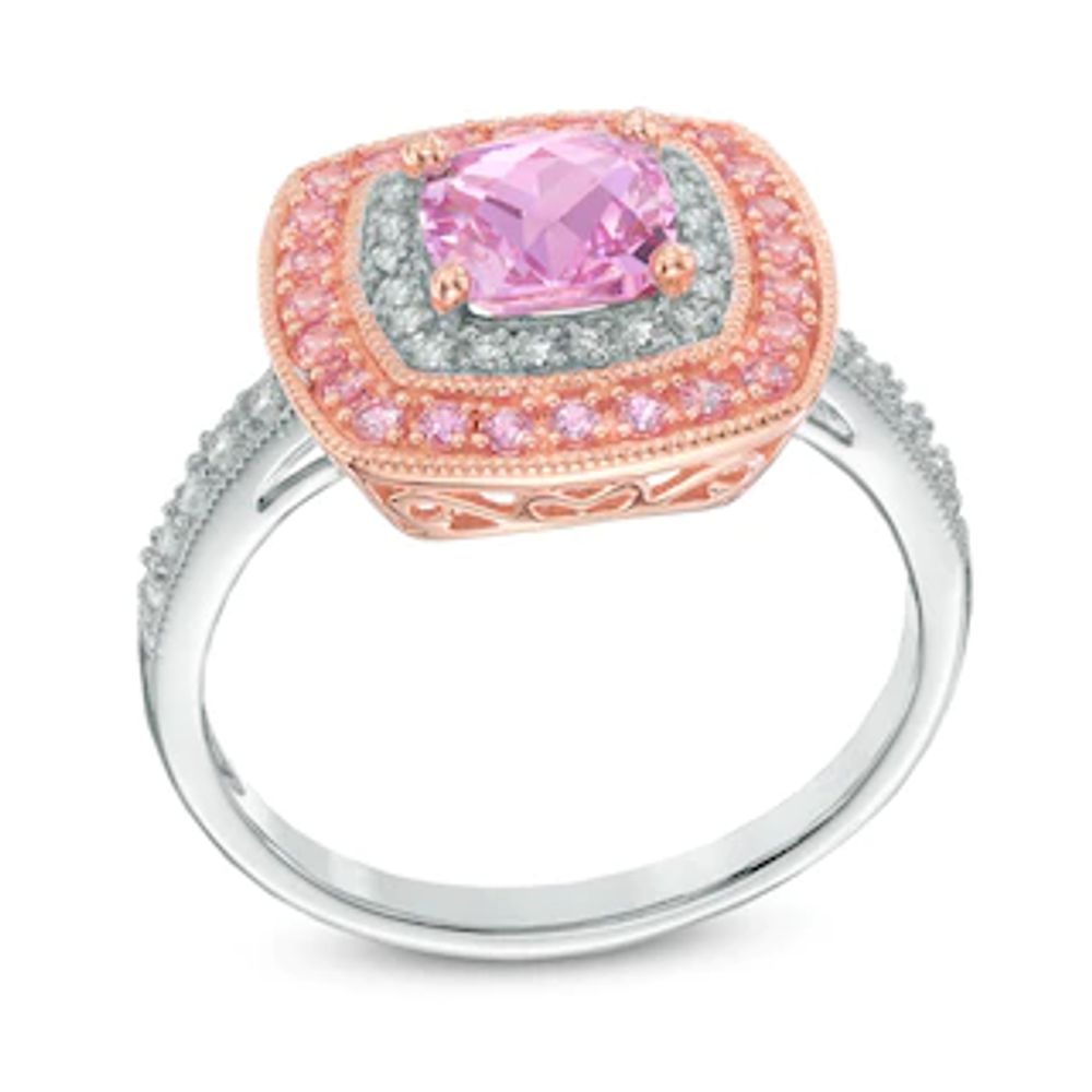 6.0mm Cushion-Cut Lab-Created Pink and White Sapphire Frame Ring in Sterling Silver with 14K Rose Gold Plate|Peoples Jewellers