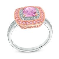 6.0mm Cushion-Cut Lab-Created Pink and White Sapphire Frame Ring in Sterling Silver with 14K Rose Gold Plate|Peoples Jewellers