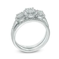 CT. T.W. Diamond Frame Three Stone Cluster Three Piece Bridal Set in 10K White Gold|Peoples Jewellers