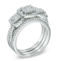 0.95 CT. T.W. Diamond Three Stone Frame Cluster Three Piece Bridal Set in 10K White Gold|Peoples Jewellers