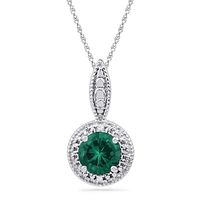 6.5mm Lab-Created Emerald and Diamond Accent Frame Pendant in Sterling Silver|Peoples Jewellers