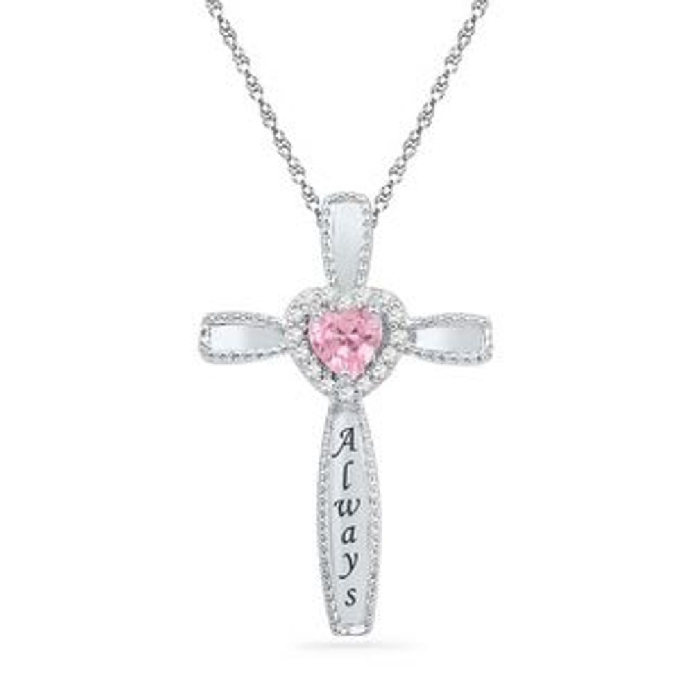 Heart-Shaped Lab-Created Pink Sapphire and Diamond Accent Cross Pendant in Sterling Silver (6 Characters)|Peoples Jewellers