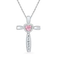 Heart-Shaped Lab-Created Pink Sapphire and Diamond Accent Cross Pendant in Sterling Silver (6 Characters)|Peoples Jewellers