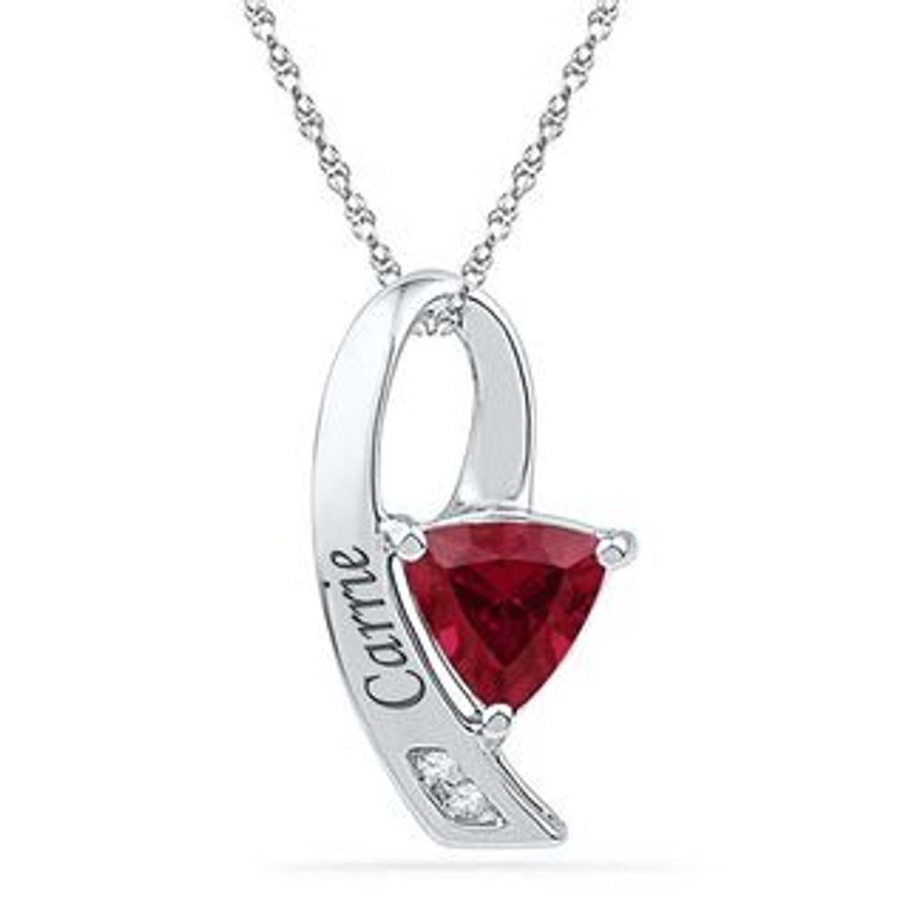 5.5mm Trillion-Cut Lab-Created Ruby and Diamond Accent Ribbon Pendant in Sterling Silver (6 Characters)|Peoples Jewellers