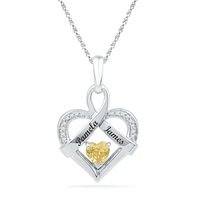 Couple's Citrine and Diamond Accent Ribbon Heart Pendant in Sterling Silver (2 Lines)|Peoples Jewellers