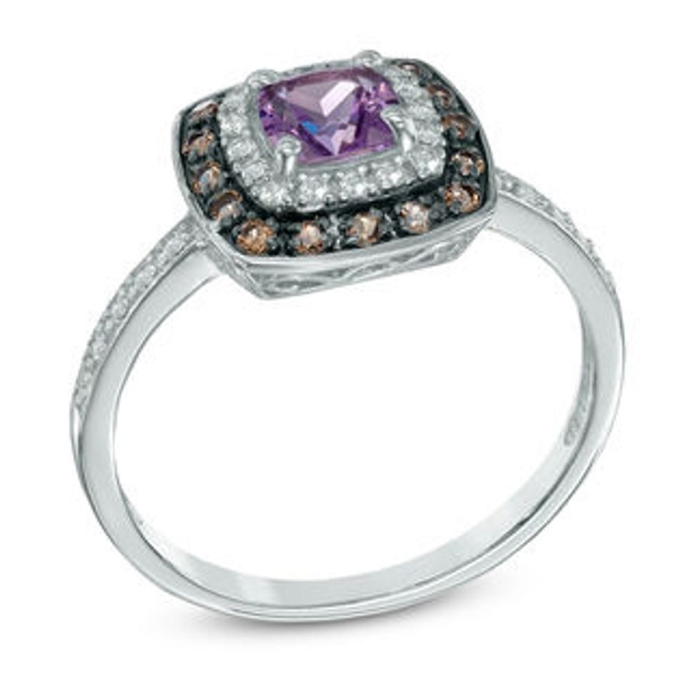 5.0mm Cushion-Cut Amethyst, Smoky Quartz and Lab-Created White Sapphire Frame Ring in Sterling Silver|Peoples Jewellers