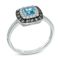 5.0mm Cushion-Cut Swiss Blue Topaz, Smoky Quartz and Lab-Created White Sapphire Frame Ring in Sterling Silver|Peoples Jewellers