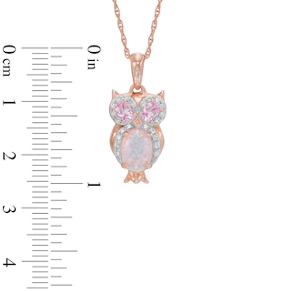 Oval Lab-Created Opal with Pink and White Lab-Created Sapphire Owl Pendant in Sterling Silver with Rose Gold Plate|Peoples Jewellers