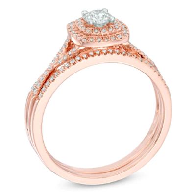 0.45 CT. T.W. Certified Canadian Diamond Double Frame Bridal Set in 14K Rose Gold (I/I2)|Peoples Jewellers