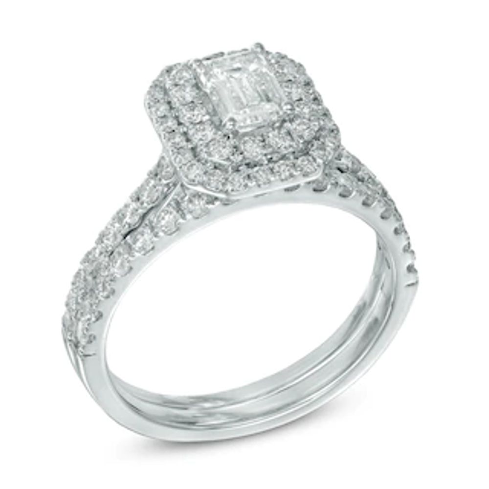 1.45 CT. T.W. Certified Canadian Emerald-Cut Diamond Double Frame Bridal Set in 14K White Gold (I/I1)|Peoples Jewellers