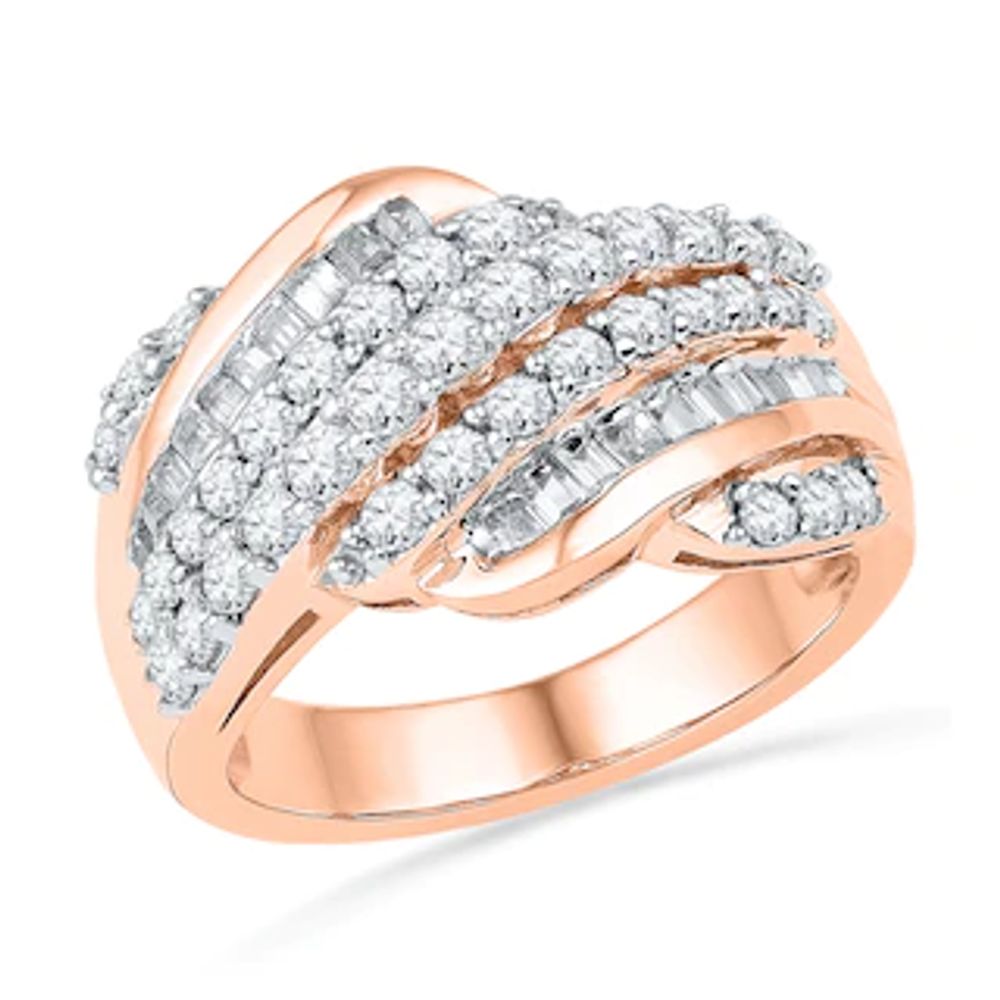 1.00 CT. T.W. Baguette and Round Diamond Rolling Wave Band in 10K Rose Gold|Peoples Jewellers