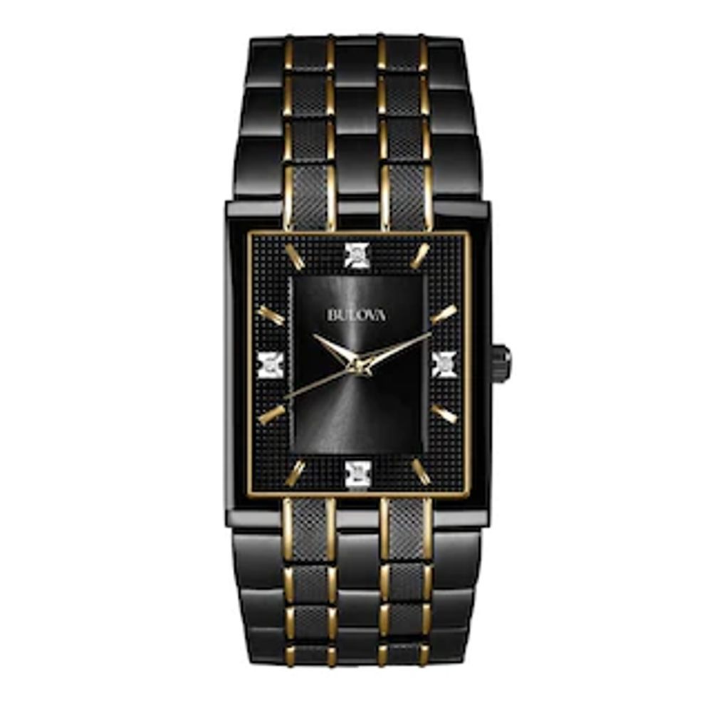 Men's Bulova Diamond Accent Two-Tone Watch with Rectangular Black Dial (Model: 98D004)|Peoples Jewellers